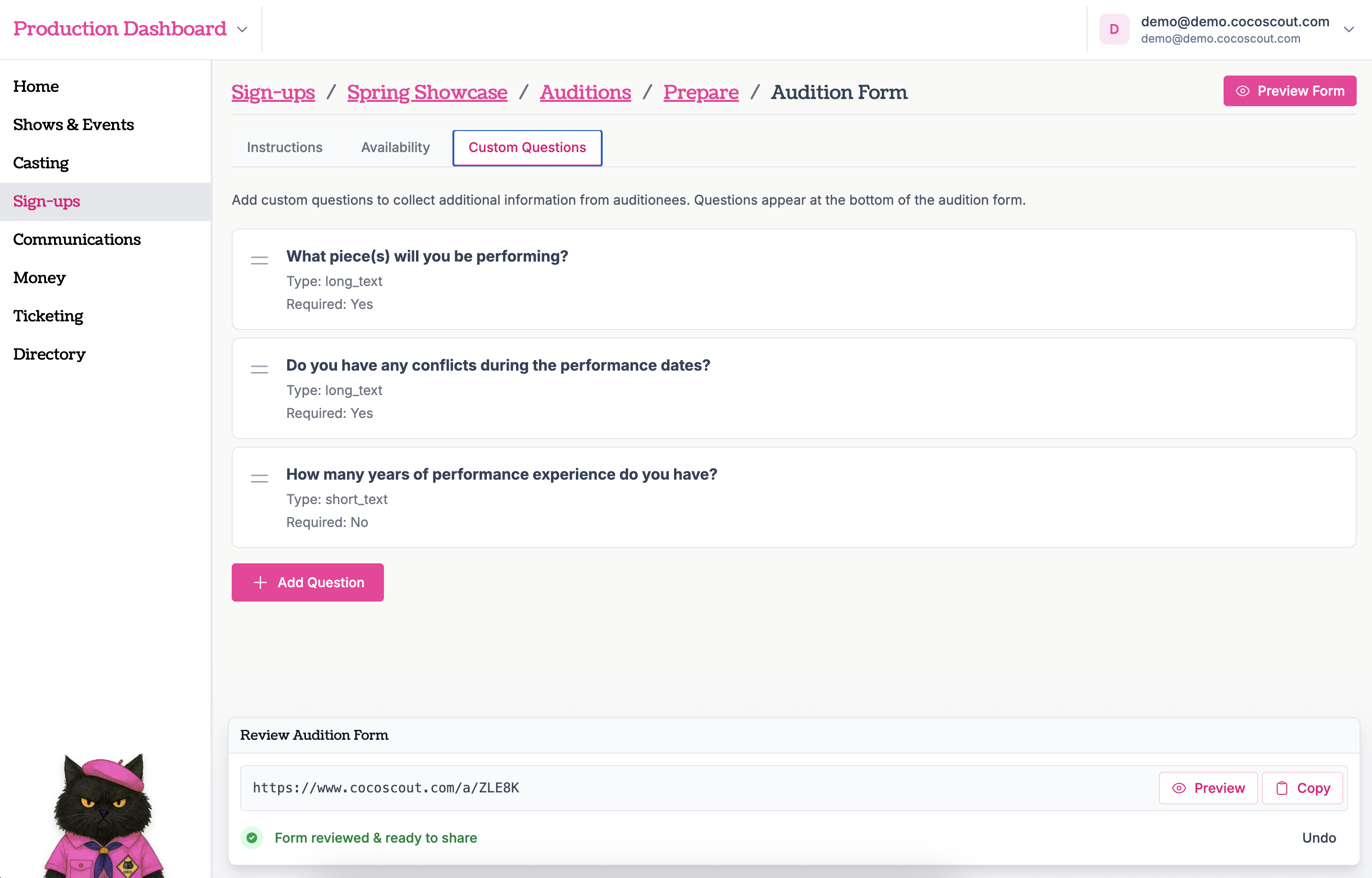 Audition Form Builder